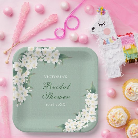 Weiße Blume zum Brautparty "Grünes Muster" Pappteller (Party)