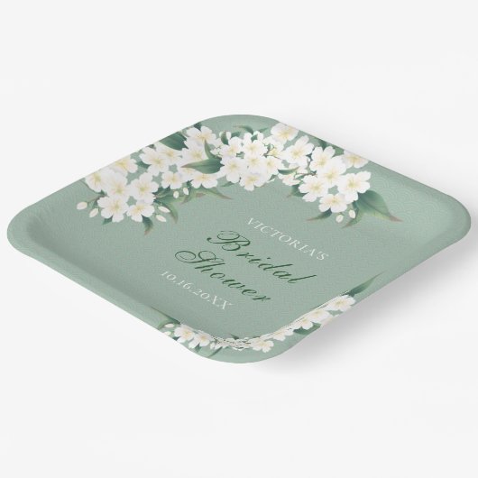 Weiße Blume zum Brautparty "Grünes Muster" Pappteller (Gewinkelt)