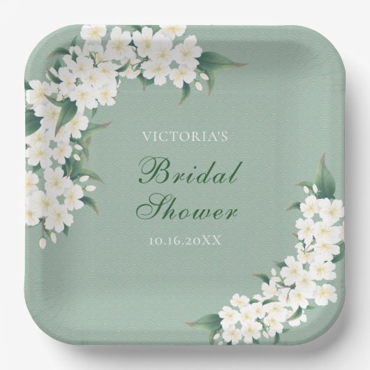 Weiße Blume zum Brautparty "Grünes Muster" Pappteller (Vorderseite)