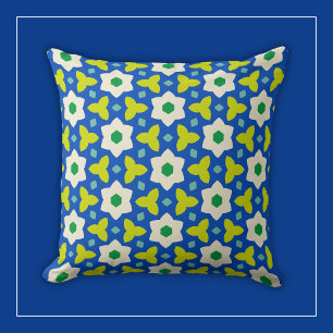 Weiße Blumen auf Blau und Grün geometrisch Blumig Kissen