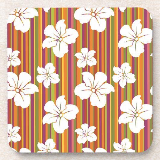 Weiße Blumen auf einem gestreiften Hintergrund Getränkeuntersetzer (Vorderseite)
