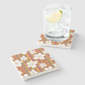 Weiße Blumen auf einem gestreiften Hintergrund Steinuntersetzer (Seitenansicht)