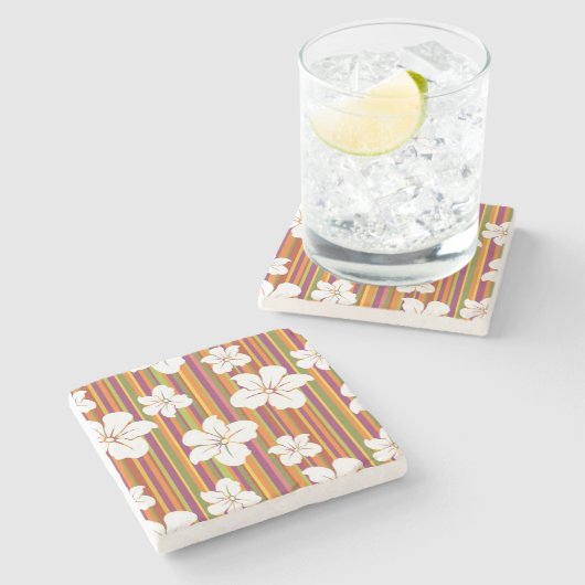 Weiße Blumen auf einem gestreiften Hintergrund Steinuntersetzer (Seitenansicht)