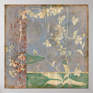 Weiße Blumen auf Zeitungspapier-Hintergrund Poster