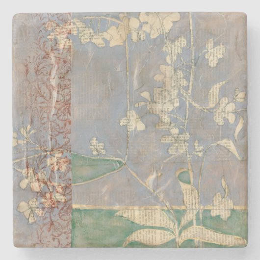 Weiße Blumen auf Zeitungspapier-Hintergrund Steinuntersetzer (Vorderseite)