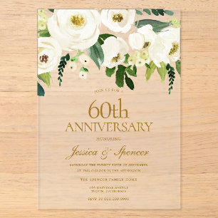 Weiße Blumen & Creme 60. Hochzeitstag Acryleinladungen