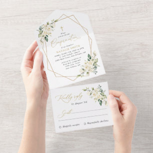 Weiße Blumen, cremefarbene Blumen, Boho, Konfirmat All In One Einladung