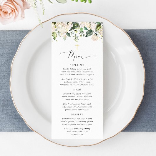Weiße Blumen, cremefarbene Blumen, Boho, Taufmenü Menükarte