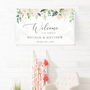 Weiße Blumen, cremefarbene Blumen, Hochzeitsbegrüß Banner