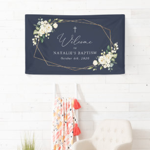 Weiße Blumen, cremefarbene Blumen, Taufe Willkomme Banner