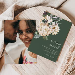 Weiße Blumen Dunkelgrüne Casual Foto-Hochzeit Einladung