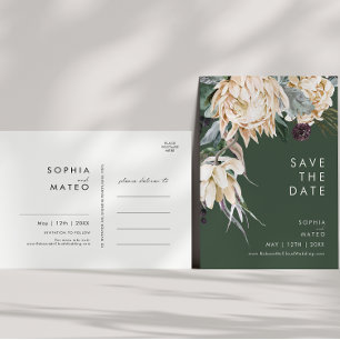 Weiße Blumen   Dunkelgrüne Save The Date Postkarte