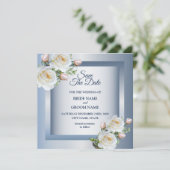 Weiße Blumen Elegantes Blau Grau Save The Date (Stehend Vorderseite)