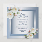 Weiße Blumen Elegantes Blau Grau Save The Date (Vorderseite)