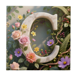 Weiße Blumen-Garten-Monogramm-Buchstabe C Fliese