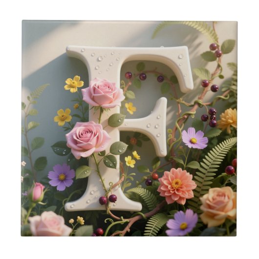 Weiße Blumen-Garten-Monogramm-Buchstabe F Fliese (Vorderseite)