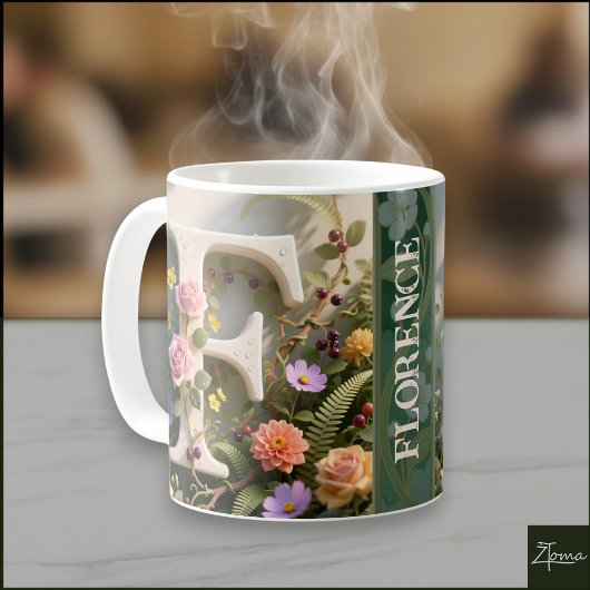 Weiße Blumen-Garten-Monogramm-Buchstabe F Kaffeetasse