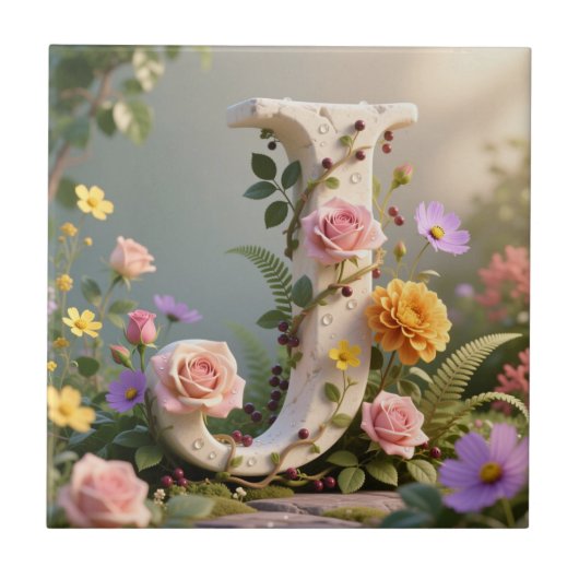 Weiße Blumen-Garten-Monogramm Buchstabe J Fliese (Vorderseite)