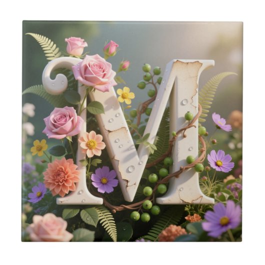Weiße Blumen-Garten-Monogramm Buchstabe M Fliese (Vorderseite)