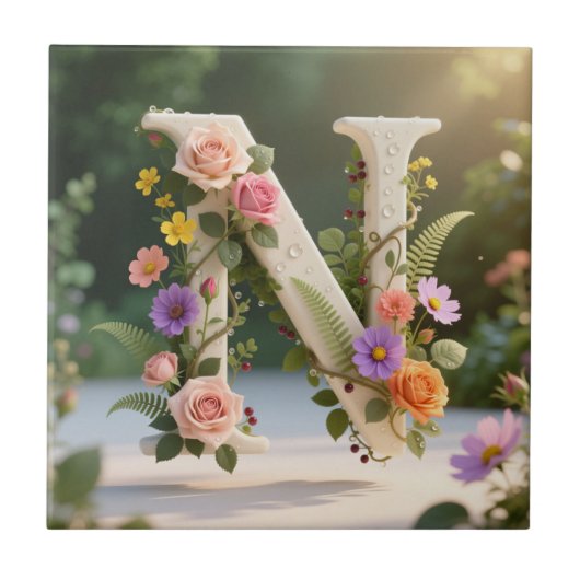 Weiße Blumen-Garten-Monogramm-Buchstabe N Fliese (Vorderseite)