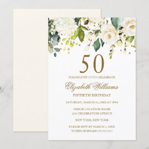 Weiße Blumen Gold Konfetti 50. Geburtstag Einladung