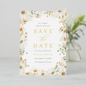 Weiße Blumen & Goldfolie Hochzeit Save The Date Folieneinladung (Stehend vorne)