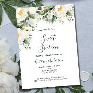 Weiße Blumen Grün Botanisch Sweet Sixteen 16 Einladung