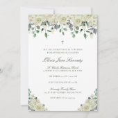 Weiße Blumen & Grüne Foto Taufe Einladung (Vorderseite)