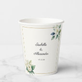 Weiße Blumen & Grünpersonalierte Hochzeit Pappbecher (Rückseite)