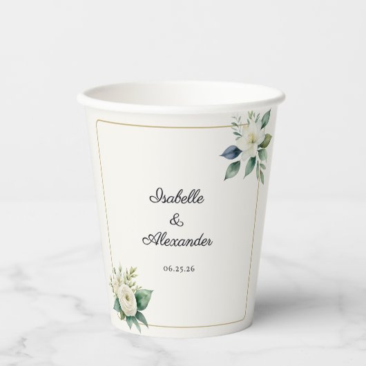 Weiße Blumen & Grünpersonalierte Hochzeit Pappbecher (Vorderseite)