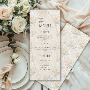 Weiße Blumen Hochzeit im Vintage-Eleganz-Stil Menükarte