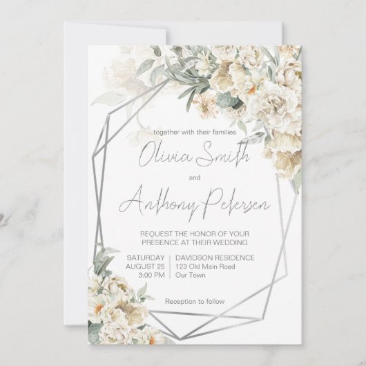 Weiße Blumen-Hochzeit in weißem Silber Einladung (Vorderseite)