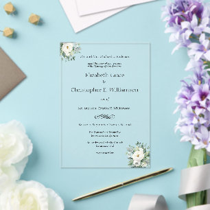 Weiße Blumen-Hochzeitstraditionelle formelle Hochz Acryleinladungen