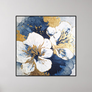 Weiße Blumen mit Gold- und Blautönen Abstract Leinwanddruck