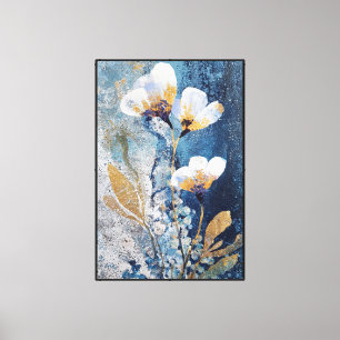 Weiße Blumen mit goldenen und blauen Akzenten  Abs Leinwanddruck