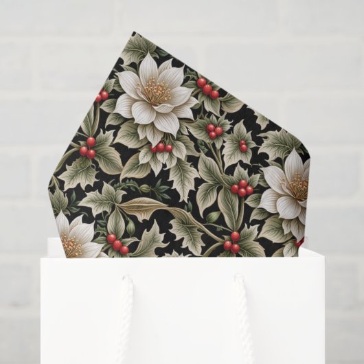 Weiße Blumen mit Holly & Red Berries Seidenpapier (Geschenk Tasche)