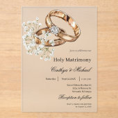 Weiße Blumen mit Ring-Hochzeit Acryleinladungen (Vorderseite)
