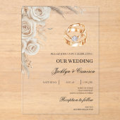 Weiße Blumen mit Ring Hochzeit Acryleinladungen (Vorderseite)