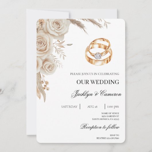 Weiße Blumen mit Ring Hochzeit Einladung (Vorderseite)