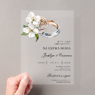 Weiße Blumen mit Ring Spanische Hochzeit Acryleinladungen