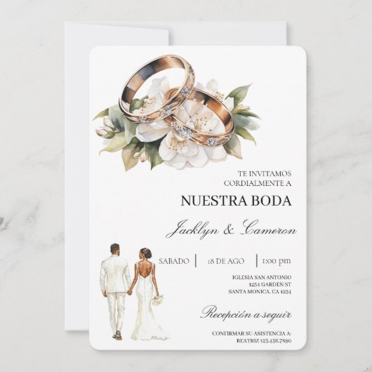 Weiße Blumen mit Ring Spanische Hochzeit Einladung (Vorderseite)
