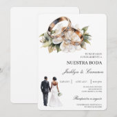 Weiße Blumen mit Ring Spanische Hochzeit Einladung (Vorne/Hinten)