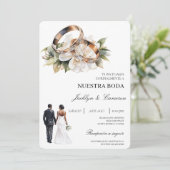 Weiße Blumen mit Ring Spanische Hochzeit Einladung (Stehend Vorderseite)