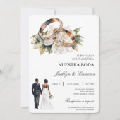 Weiße Blumen mit Ring Spanische Hochzeit Einladung (Vorderseite)