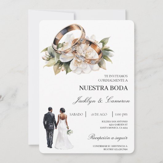 Weiße Blumen mit Ring Spanische Hochzeit Einladung (Vorderseite)