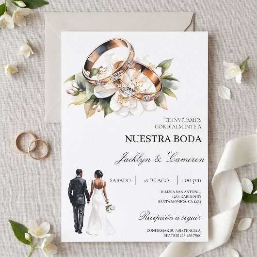 Weiße Blumen mit Ring Spanische Hochzeit Einladung