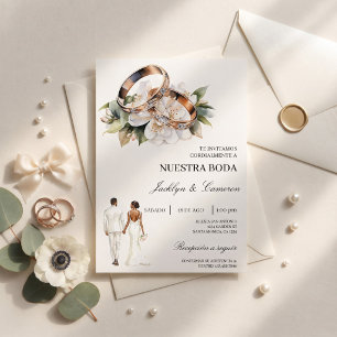 Weiße Blumen mit Ring Spanische Hochzeit Einladung
