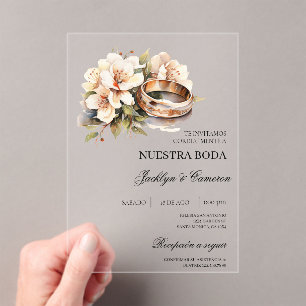 Weiße Blumen mit Ring Spanische Hochzeitseinladung Acryleinladungen