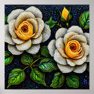 Weiße Blumen Punkt Kunst Minimal Pointillismus Dek Poster