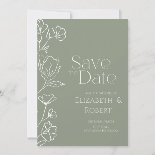 Weiße Blumen Salbeigrün Save The Date Karte (Vorderseite)